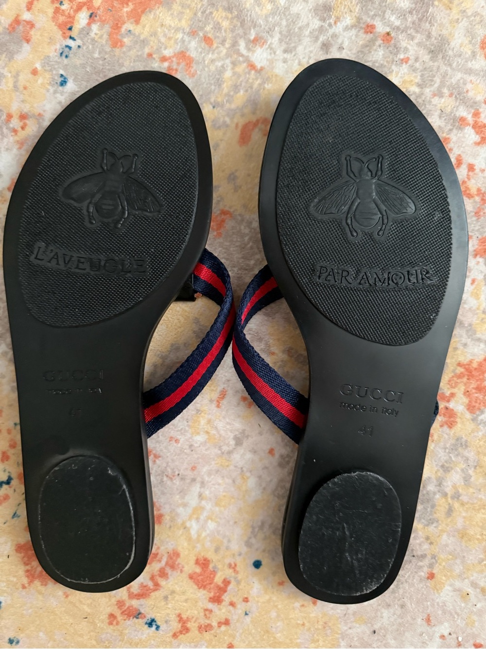 Gucci Black Leather Slides with Navy & Red Web Straps and Gold Logo EU41 - Picture 2 of 2